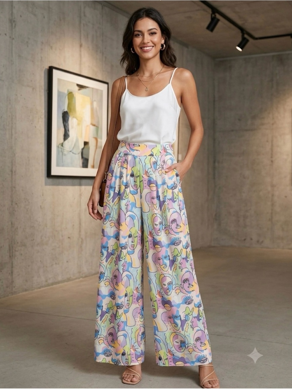 Pastel Abstract Wide-Leg Palazzo Pants - White/Multicolor
